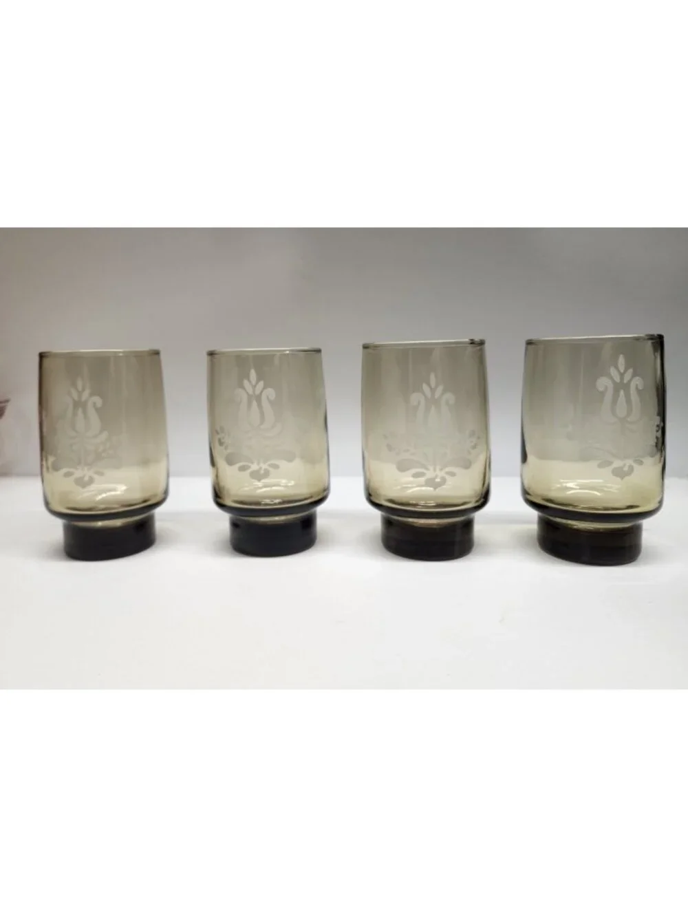 4- Libbey Pfaltzgraff Village Brown Smoke Etched Glasses Vintage Tumblers